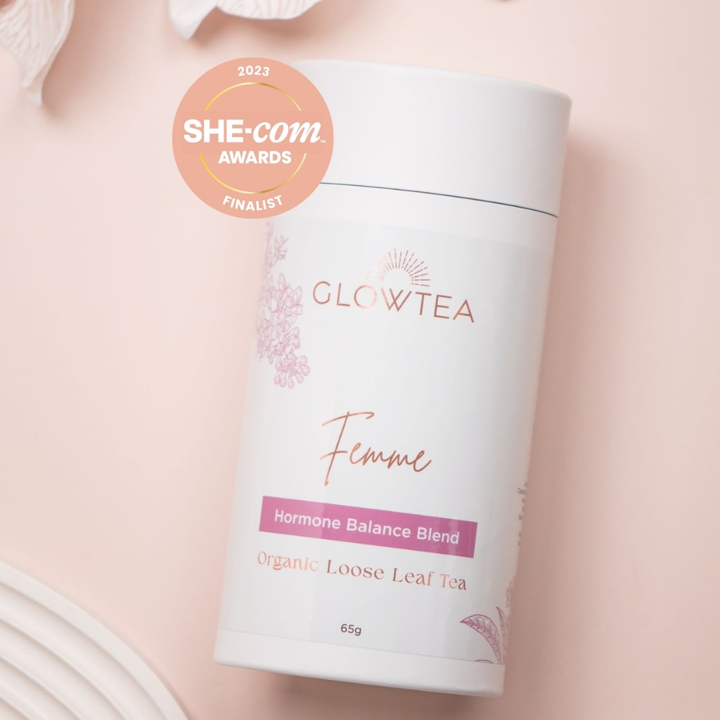 Femme hormone blalance bundle by Glow Tea including organic loose leaf tea, essential oil blend and crystal strainer