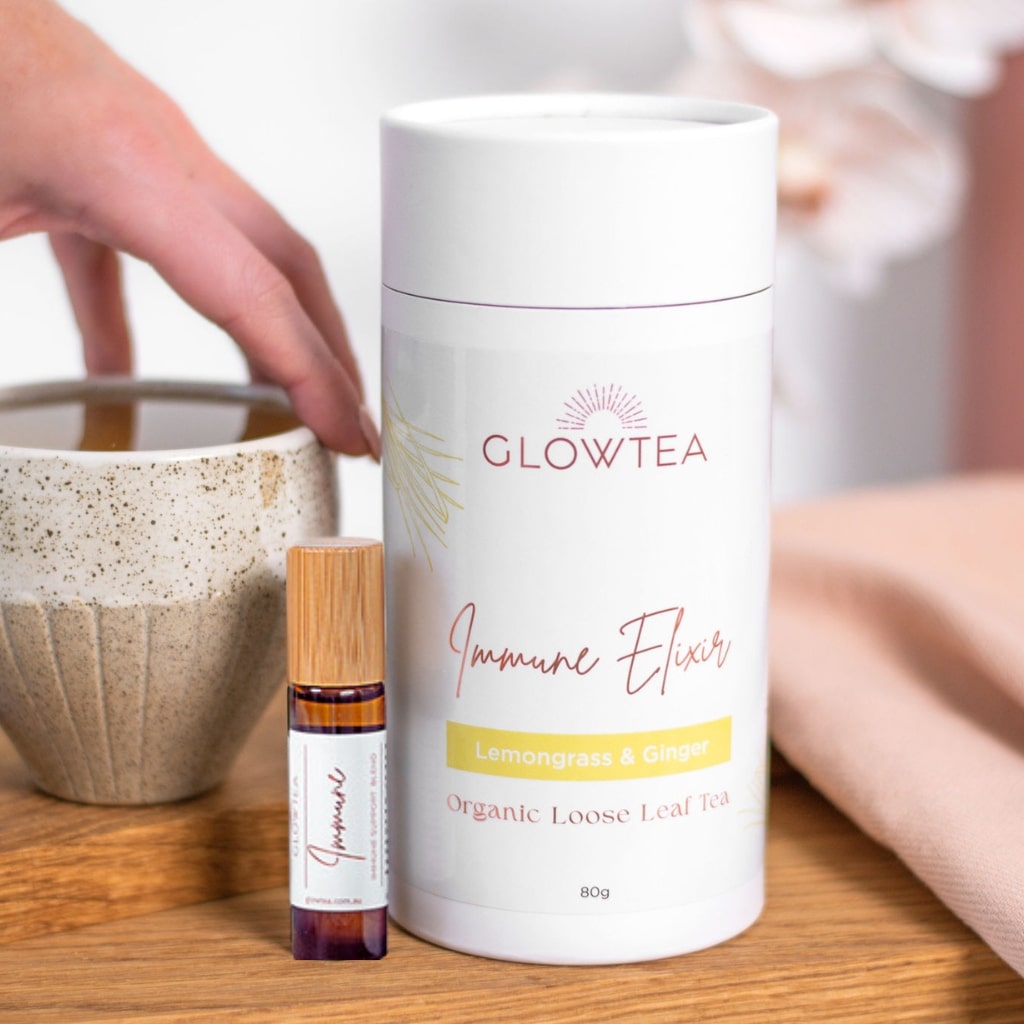 Immune essentials bundle for immune support featuring organic lemingrass and ginger tea, immune support essential oil blend and crystal tea strainer, by Glow Tea