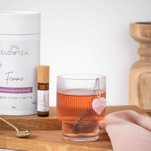 Femme hormone blalance bundle by Glow Tea including organic loose leaf tea, essential oil blend and crystal strainer